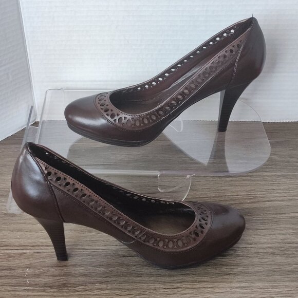 Connie High Heel Pumps Size 7 Brown Stacey Perforated Faux Leather Dressy Shoes - Picture 2 of 13